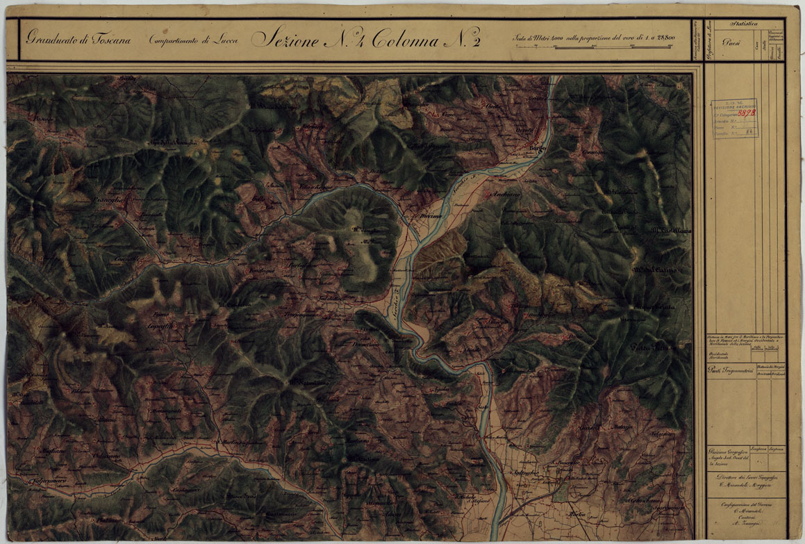 (N:6503) CARTA TOPOGRAFICA DEL COMPARTIMENTO LUCCHESE ESEGUITA D'ORDINE DI SUA ECCELLENZA IL SIGNOR TENENTE GENERALE CAV. G. DE LAUGIER CONTE DI BELLECOUR MINISTRO DELLA GUERRA - SEZIONE N. 4 COLONNA N. 2. (CA005570) Carte e stampe antiche: riproduzione a colori su carta (formato A1)