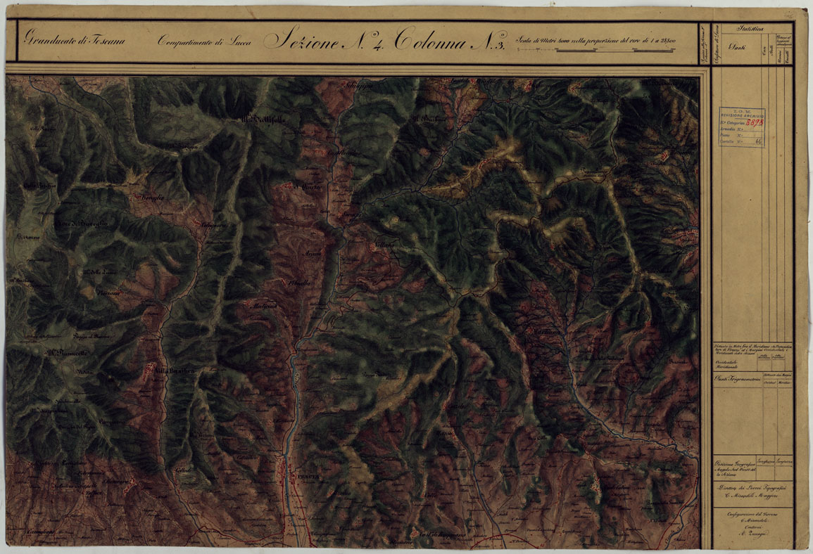 (N:6504) CARTA TOPOGRAFICA DEL COMPARTIMENTO LUCCHESE ESEGUITA D'ORDINE DI SUA ECCELLENZA IL SIGNOR TENENTE GENERALE CAV. G. DE LAUGIER CONTE DI BELLECOUR MINISTRO DELLA GUERRA - SEZIONE N. 4 COLONNA N. 3 (CA005571) Carte e stampe antiche: riproduzione a colori su carta (formato A1)