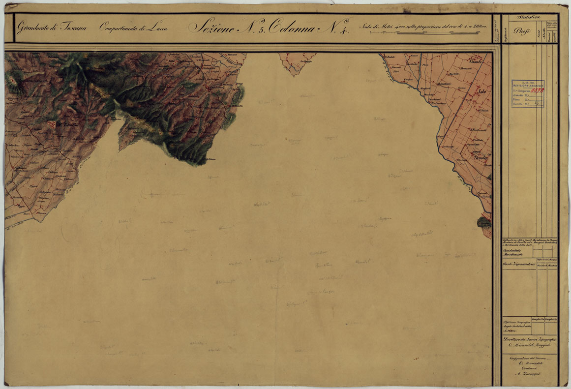 (N:6510) CARTA TOPOGRAFICA DEL COMPARTIMENTO LUCCHESE ESEGUITA D'ORDINE DI SUA ECCELLENZA IL SIGNOR TENENTE GENERALE CAV. G. DE LAUGIER CONTE DI BELLECOUR MINISTRO DELLA GUERRA - SEZIONE N. 5 COLONNA N. 4 (CA005577) Carte e stampe antiche: riproduzione a colori su carta (formato A1)