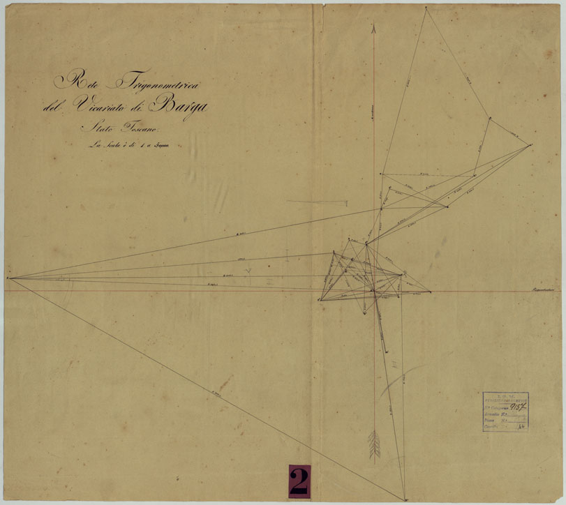 (N:9765) ELEMENTI PER LA FORMAZIONE DI UNA CARTA DELLA TOSCANA ALLA SCALA DI 1:28.800 - RETE TRIGONOMETRICA DEL VICARIATO DI BARGA. (CA005655) Carte e stampe antiche: riproduzione a colori su carta (formato A1)