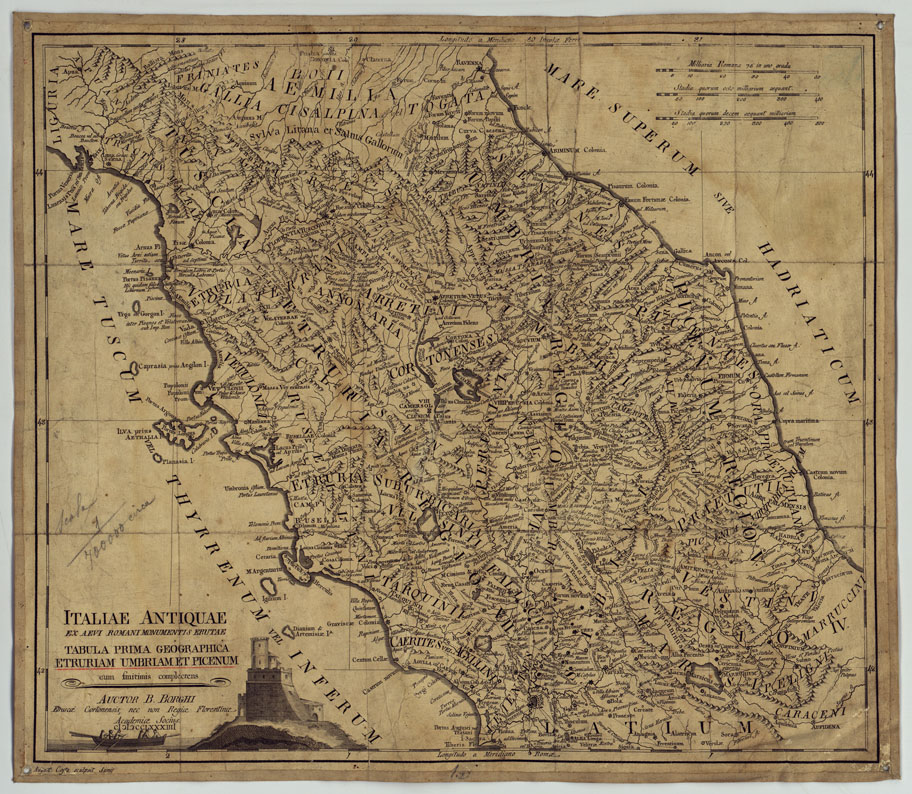 (N:10883) ITALIAE ANTIQUAE EX AEVI ROMANI MONUMENTIS ERUTAE TABULA PRIMA GEOGRAPHICA ETRURIAM UMBRIAM ET PICENUM CUM FINITIMIS COMPLECTENS AUCTOR B. BORGHI ETRUSCAE CORTONENSIS, NEC NON REGIAE FLORENTINAE ACADEMIAE SOCIUS
MDCCLXXXIII AUGUST: COSTA SCULPIST, SENI (CA005714) Carte e stampe antiche: riproduzione a colori su carta (formato A1)