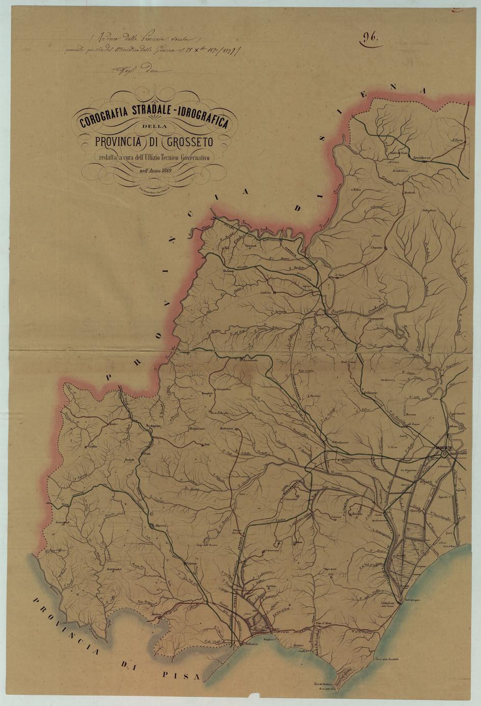 (N:9129) COROGRAFIA STRADALE IDROGRAFICA DELLA PROVINCIA DI GROSSETO REDATTA A CURA DELL'UFFICIO TECNICO GOVERNATIVO -  FOGLIO 1 (CA005732) Carte e stampe antiche: riproduzione a colori su carta (formato A1)