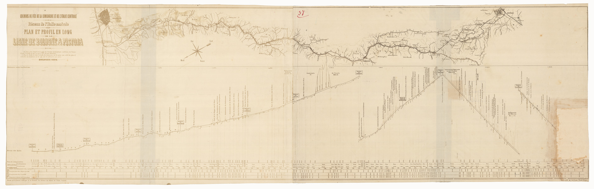 (N:8719) CHEMIN DE FER DE LA LOMBARDIE ET DE L'ITALIE CENTRALE. RESEAU DE L'ITALIE CENTRALE. PLAN ET PROFIL EN LONG DE LA LIGNE DE BOLOGNE A PISTOIA. (CA005739) Carte e stampe antiche: riproduzione a colori su carta (formato A1)