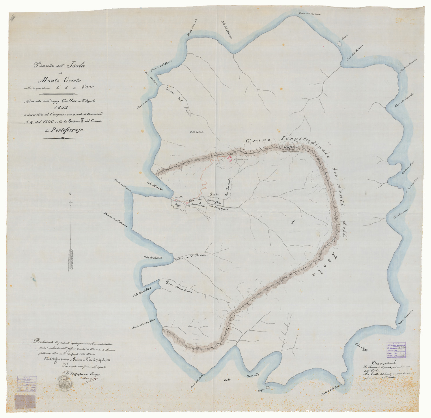 (N:13569) PIANTA DELL'ISOLA DI MONTECRISTO NELLA PROPORZIONE DI 1:5.000. MISURATA DALL'ING. CALLAI NELL'AGOSTO 1852 E DESCRITTA AL CAMPIONE CON ARROTO DI CONSERVAZIONE N 4 DEL 1860 SOTTO LA SEZIONE F. DEL COMUNE DI PORTOFERRAIO (CA005742) Carte e stampe antiche: riproduzione a colori su carta (formato A1)