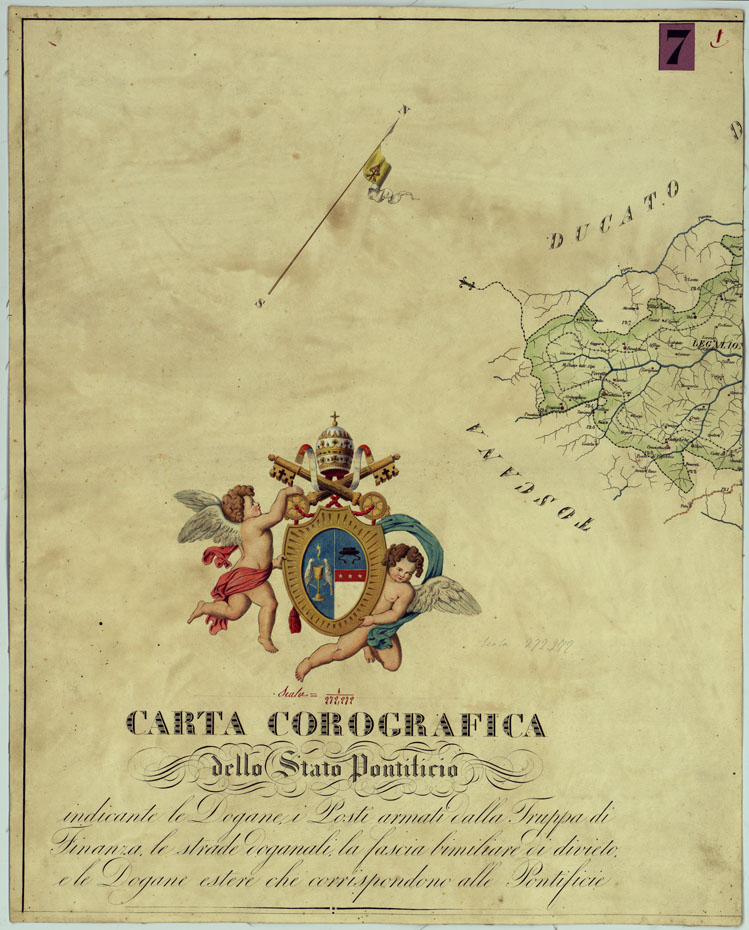 (N:16375) CARTA COROGRAFICA DELLO STATO PONTIFICIO INDICANTE LE DOGANE I POSTI ARMATI DALLA TRUPPA DI FINANZA, LE STRADE DOGANALI, LA FASCIA BIMILIARE DI DIVIETO E LE DOGANE ESTERE CHE CORRISPONDONO ALLE PONTIFICIE. (CA005820) Carte e stampe antiche: riproduzione a colori su carta (formato A1)