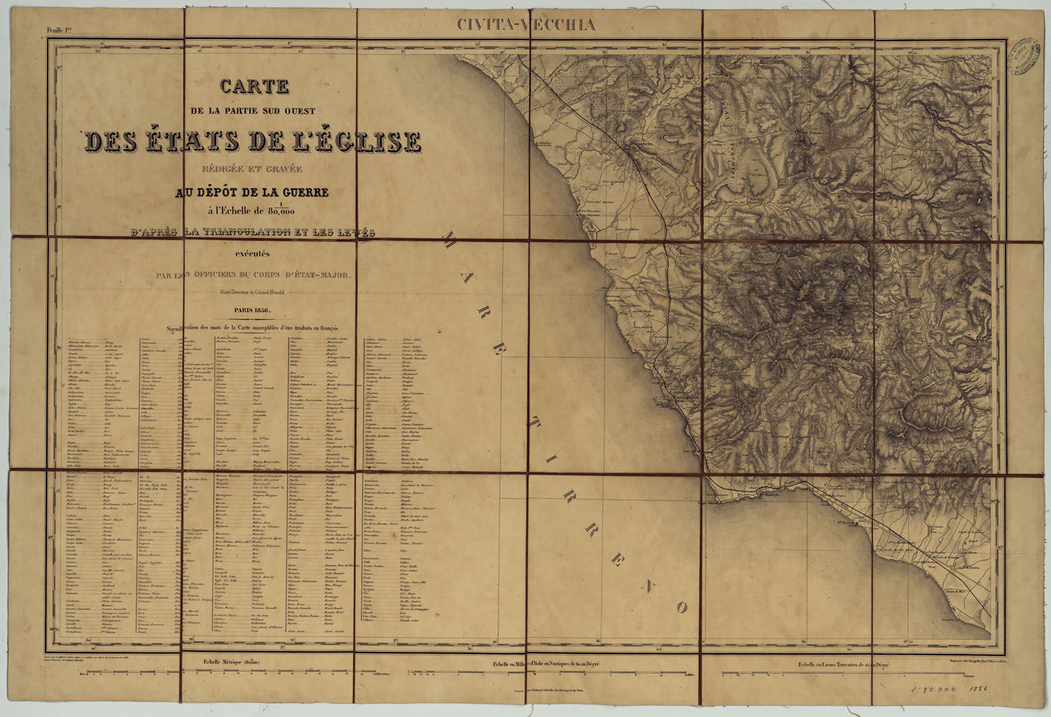 (N:9794) CARTE DE LA PARTIE SUD-OUEST DES ETATS DE L'EGLISE REDIGEE ET GRAVEE AU DEPOT DE LA GUERRE A' L'ECHELLE DE 1:80.000 D'APRES LA TRIANGULATION ET LES LEVES EXECUTES PAR LES OFFICIERS DU CORPS D'ETAT MAJOR ETANT DIRECTEUR LE COLONEL BLONDEL PARIS, 1856. (CA005825) Carte e stampe antiche: riproduzione a colori su carta (formato A1)