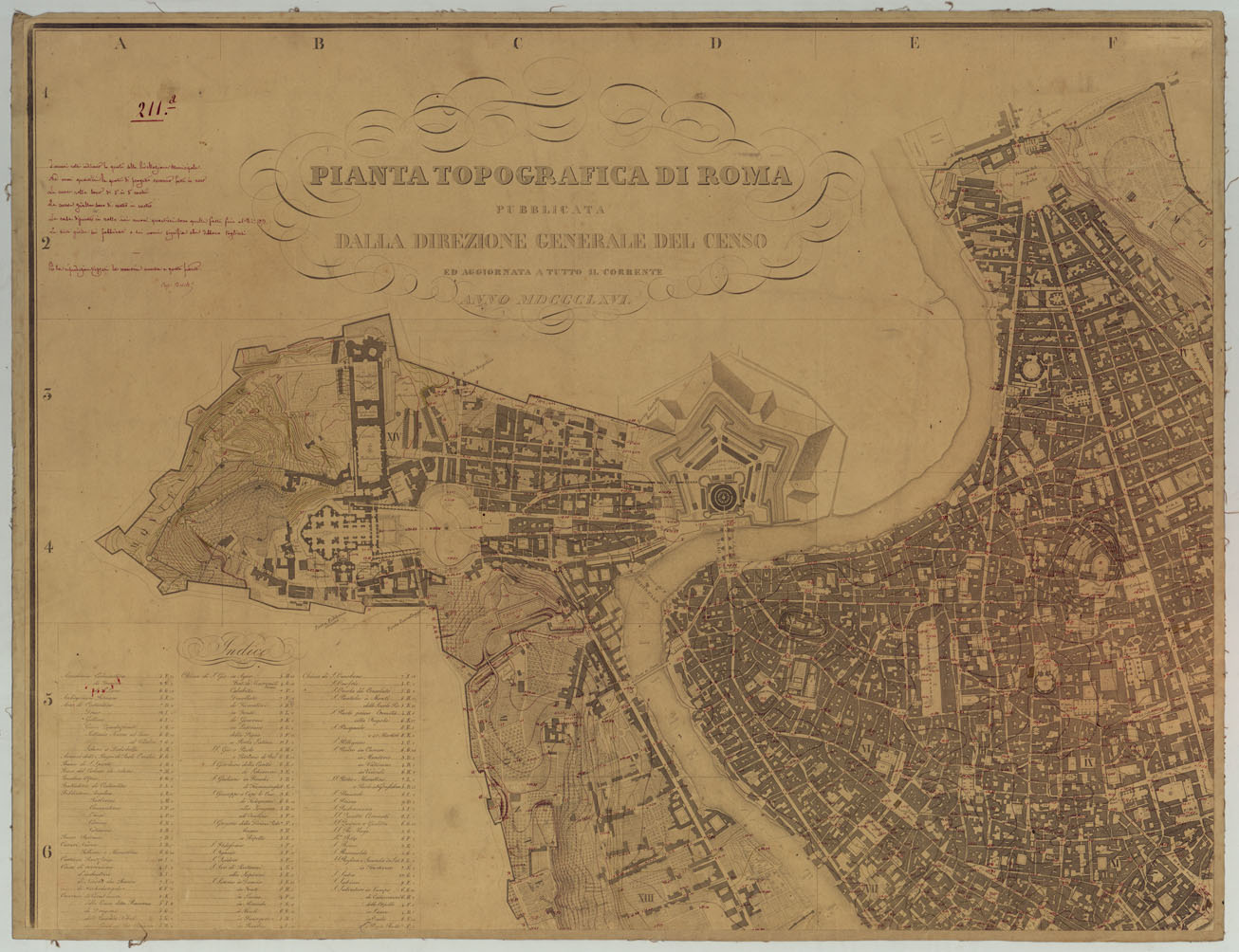 (N:17974) PIANTA TOPOGRAFICA DI ROMA  PUBBLICATA DALLA DIREZIONE GENERALE DEL CENSO ED AGGIORNATA A TUTTO IL CORRENTE ANNO MDCCCLXVI - FOGLIO 1.
 (CA005869) Carte e stampe antiche: riproduzione a colori su carta (formato A1)