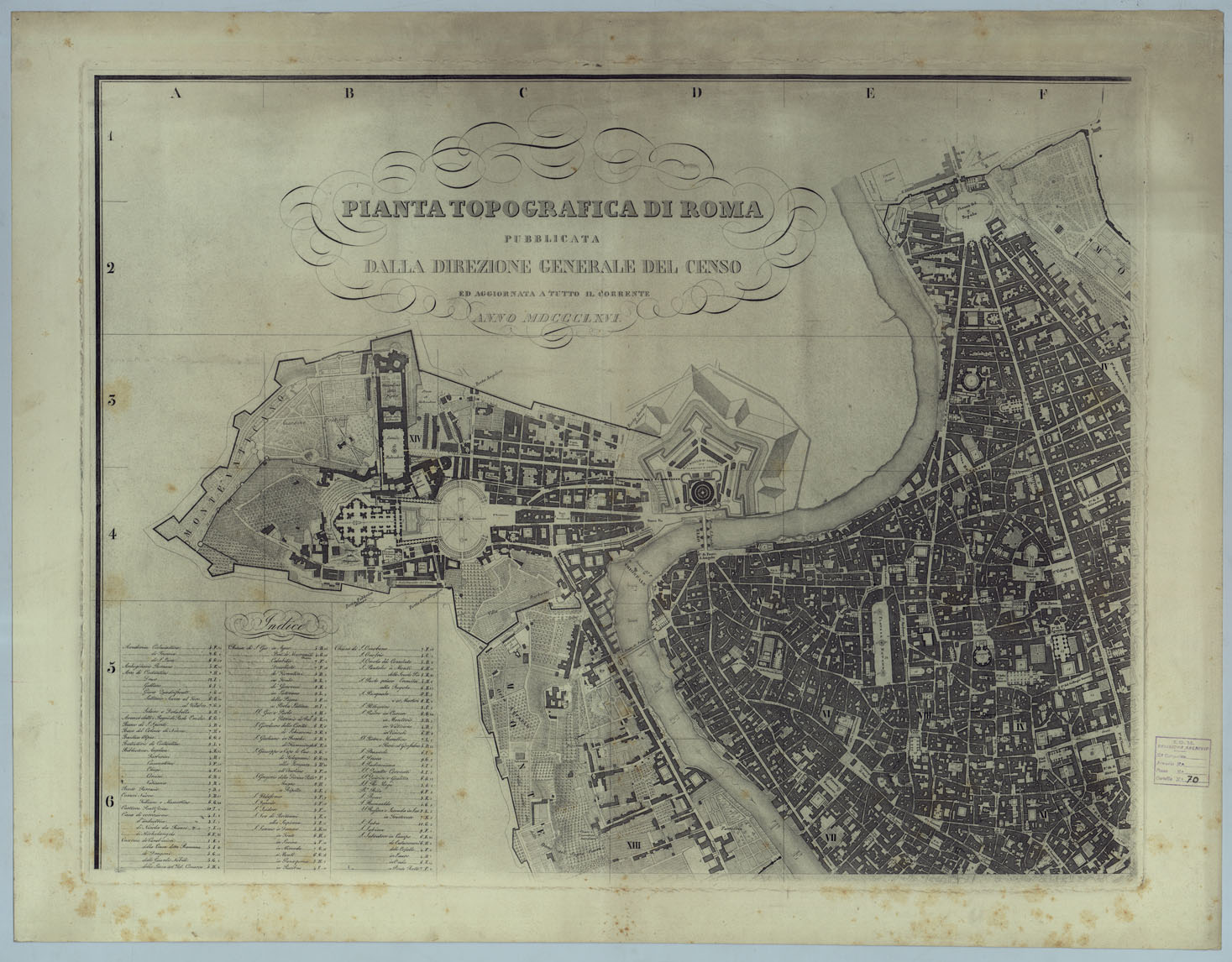 (N:24897) PIANTA TOPOGRAFICA DI ROMA  PUBBLICATA DALLA DIREZIONE GENERALE DEL CENSO ED AGGIORNATA A TUTTO IL CORRENTE ANNO MDCCCLXVI - FOGLIO 1. (CA005873) Carte e stampe antiche: riproduzione a colori su carta (formato A1)