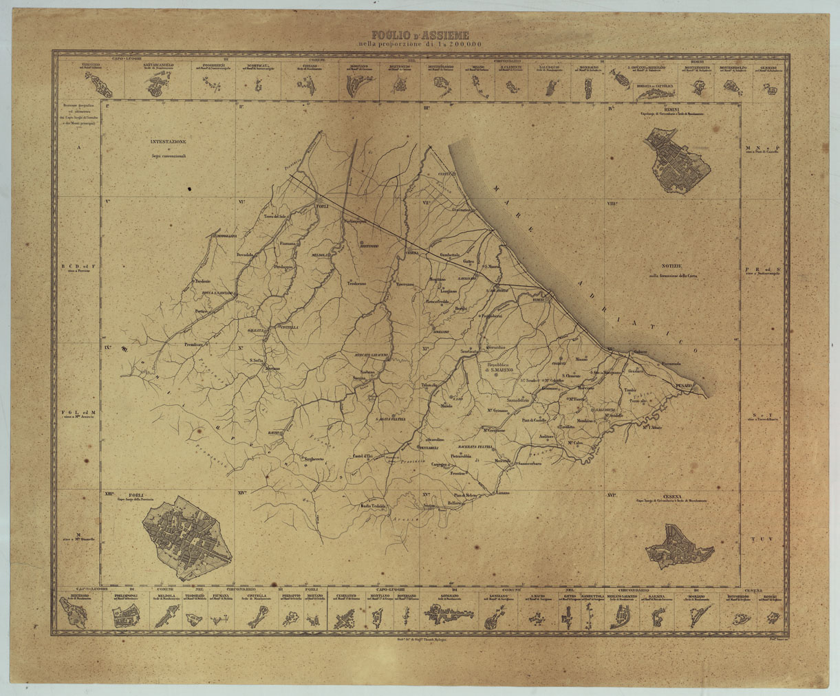 (N:14360) CARTA TOPOGRAFICA DELLA PROVINCIA DI FORLI' COL TERRITORIO DELLA REPUBBLICA DI S. MARINO E CON PARTE DI QUELLO DELLE FINITIME PROVINCIE DI FIRENZE, AREZZO, PESARO E RAVENNA  - QUADRO DUNIONE. (CA005939) Carte e stampe antiche: riproduzione a colori su carta (formato A1)