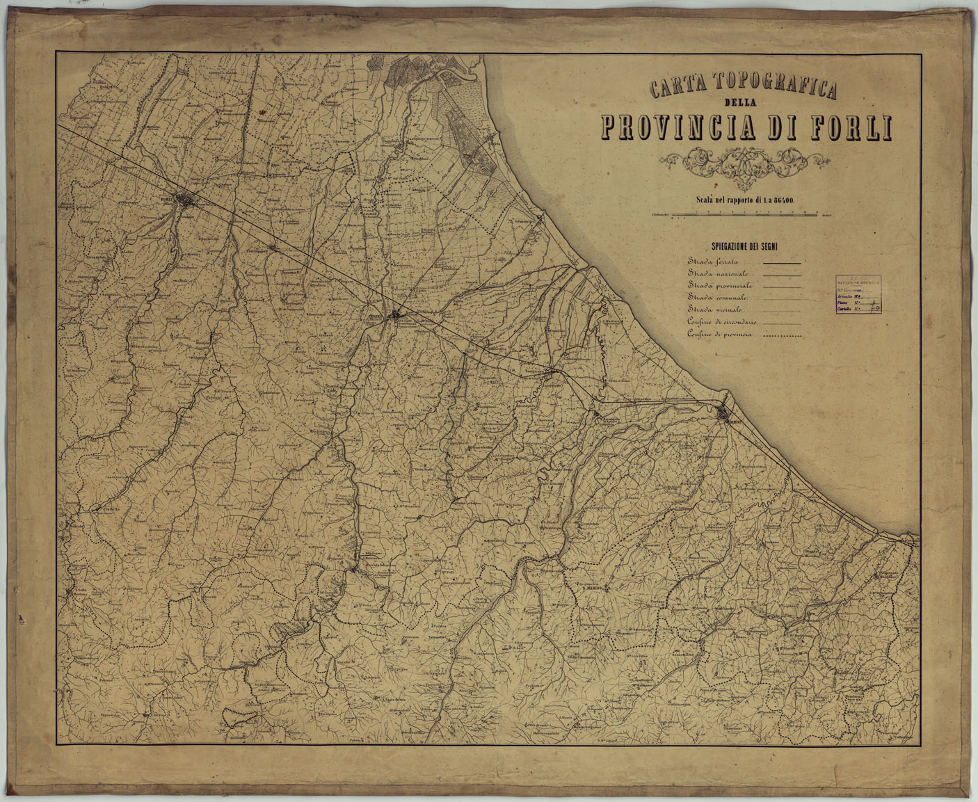 (N:14358) CARTA TOPOGRAFICA DELLA PROVINCIA DI FORLI' COL TERRITORIO DELLA REPUBBLICA DI S. MARINO E CON PARTE DI QUELLO DELLE FINITIME PROVINCIE DI FIRENZE, AREZZO, PESARO E RAVENNA. (CA005956) Carte e stampe antiche: riproduzione a colori su carta (formato A1)