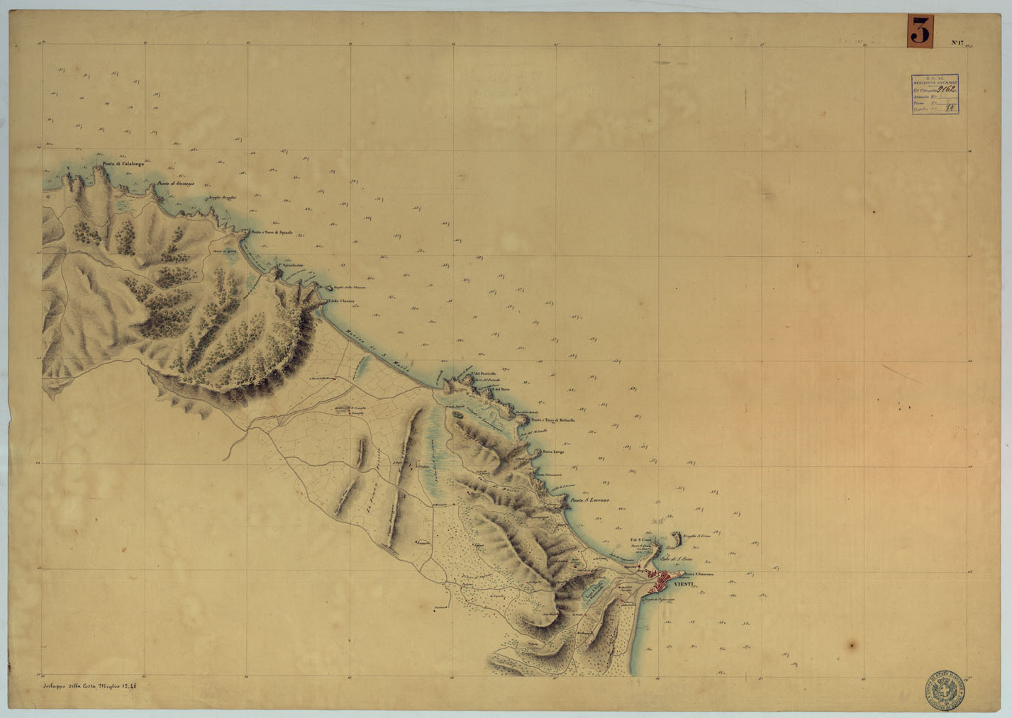 (N:9226) CARTA RILIEVI DELLE COSTE DELL'ADRIATICO DAL FIUME TRONTO A GAGLIANO DEL CAPO DI S.TA MARIA DI LEUCA - FOGLIO 17 (CA005981) Carte e stampe antiche: riproduzione a colori su carta (formato A1)