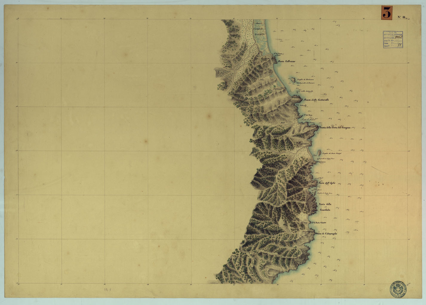(N:9227) CARTA RILIEVI DELLE COSTE DELL'ADRIATICO DAL FIUME TRONTO A GAGLIANO DEL CAPO DI S.TA MARIA DI LEUCA - FOGLIO 18 (CA005982) Carte e stampe antiche: riproduzione a colori su carta (formato A1)