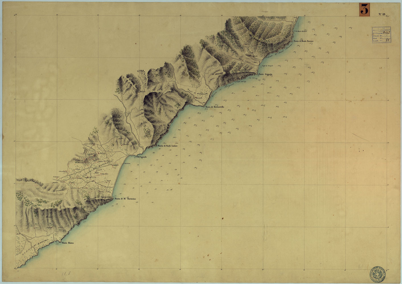 (N:9228) CARTA RILIEVI DELLE COSTE DELL'ADRIATICO DAL FIUME TRONTO A GAGLIANO DEL CAPO DI S.TA MARIA DI LEUCA - FOGLIO 19 (CA005983) Carte e stampe antiche: riproduzione a colori su carta (formato A1)