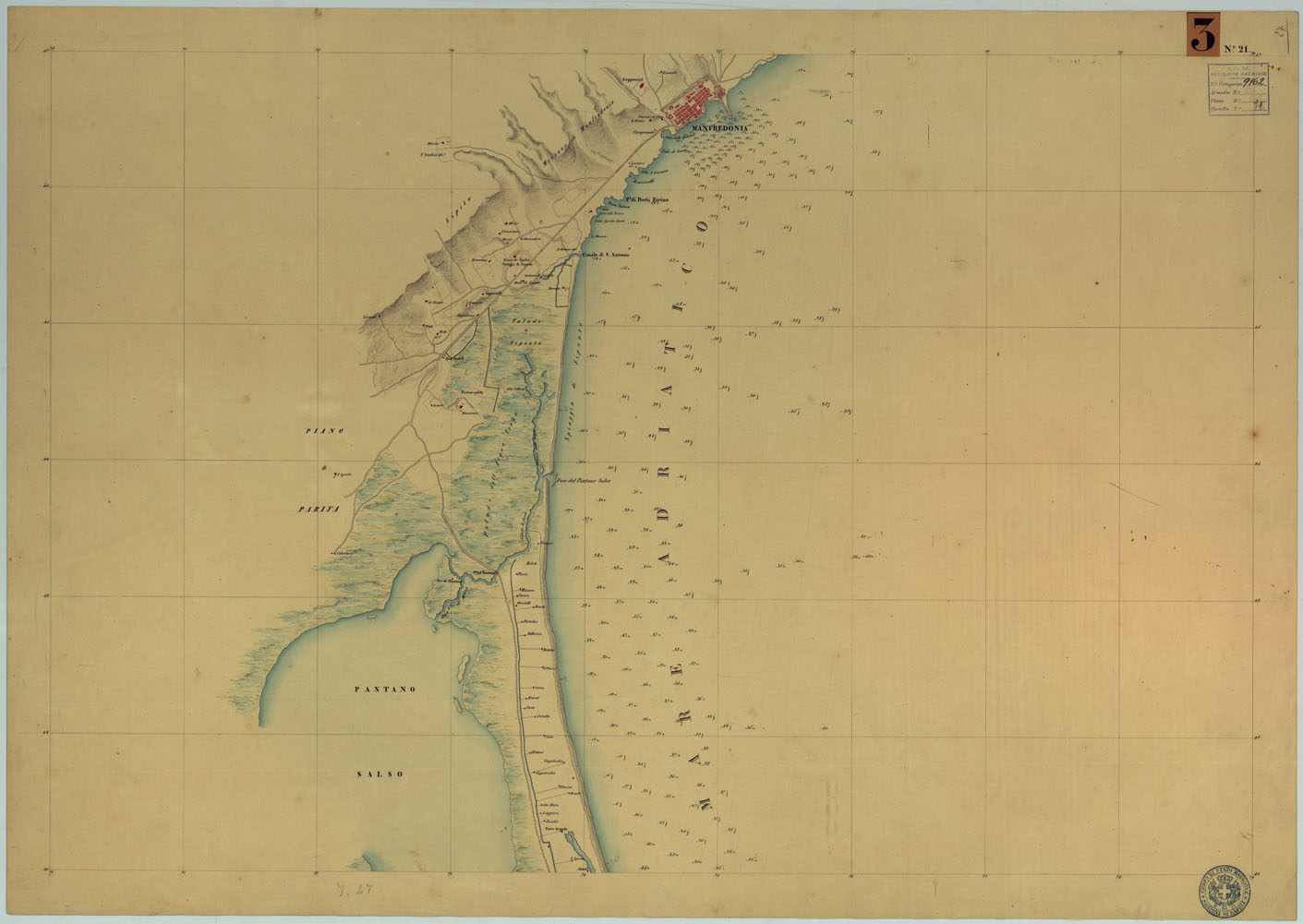 (N:9231) CARTA RILIEVI DELLE COSTE DELL'ADRIATICO DAL FIUME TRONTO A GAGLIANO DEL CAPO DI S.TA MARIA DI LEUCA - FOGLIO 21 (CA005985) Carte e stampe antiche: riproduzione a colori su carta (formato A1)