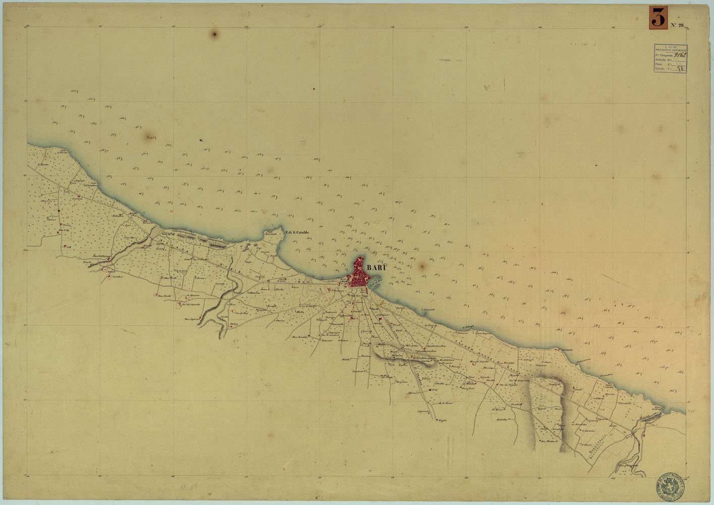 (N:9238) CARTA RILIEVI DELLE COSTE DELL'ADRIATICO DAL FIUME TRONTO A GAGLIANO DEL CAPO DI S.TA MARIA DI LEUCA - FOGLIO 28 (CA005992) Carte e stampe antiche: riproduzione a colori su carta (formato A1)