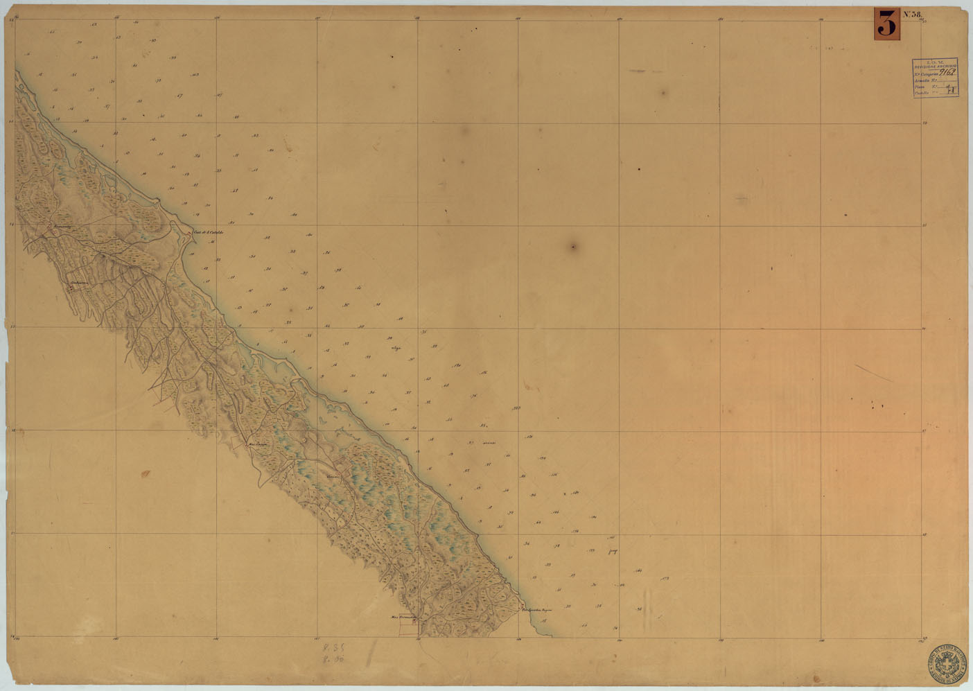 (N:9249) CARTA RILIEVI DELLE COSTE DELL'ADRIATICO DAL FIUME TRONTO A GAGLIANO DEL CAPO DI S.TA MARIA DI LEUCA - FOGLIO 38 (CA006002) Carte e stampe antiche: riproduzione a colori su carta (formato A1)