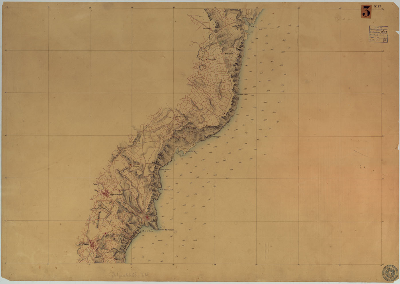 (N:9254) CARTA RILIEVI DELLE COSTE DELL'ADRIATICO DAL FIUME TRONTO A GAGLIANO DEL CAPO DI S.TA MARIA DI LEUCA - FOGLIO 42 (CA006006) Carte e stampe antiche: riproduzione a colori su carta (formato A1)