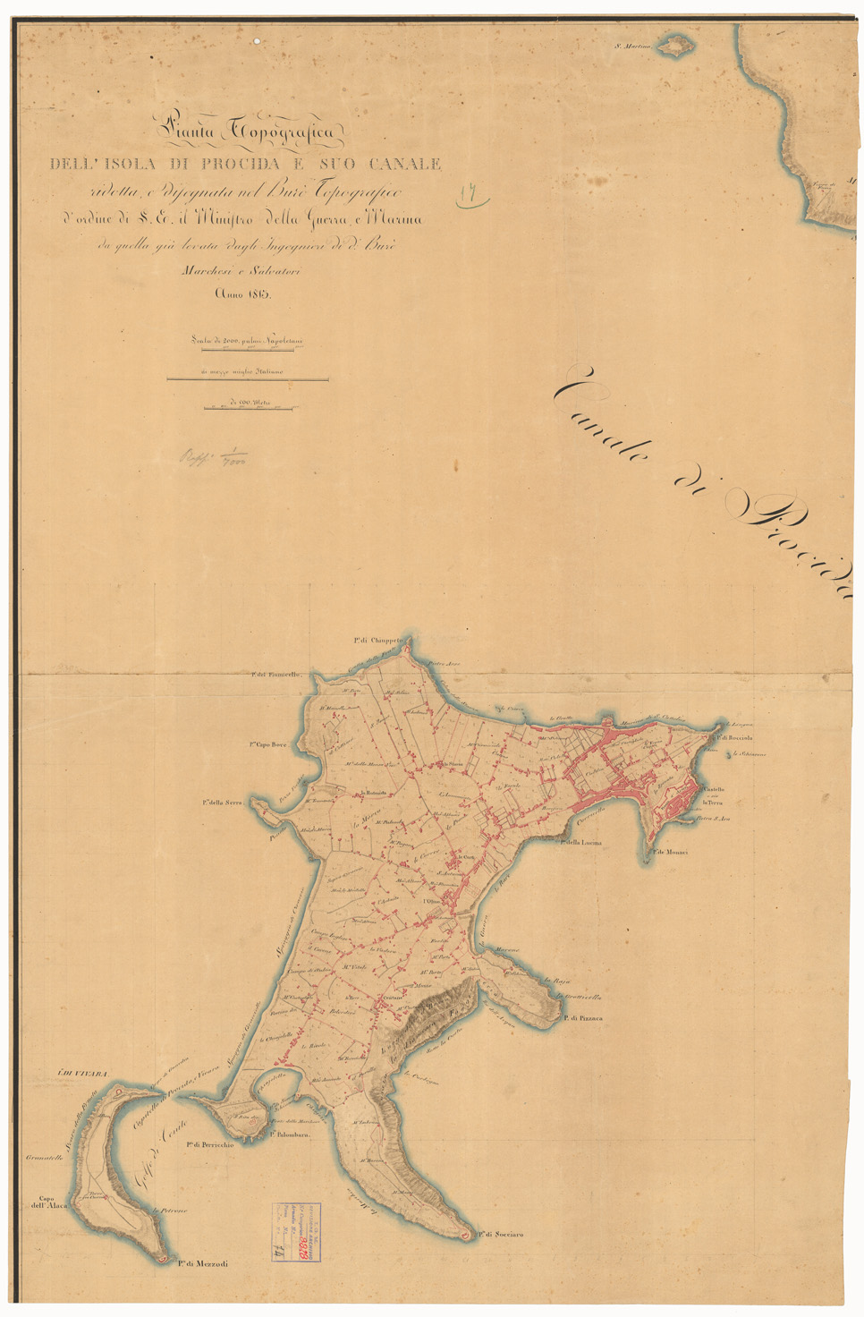 (N:10672) PIANTA TOPOGRAFICA DELL'ISOLA DI PROCIDAE SUO CANALE RIDOTTA E DISEGNATA NEL BURO' TOPOGRAFICO D'ORDINE DI S.E. IL MINISTRO DELLA GUERRA E MARINA DA QUELLA GIA' LEVATA DAGLI INGEGNERI DI D. BURO'MARCHESI E SALVATORI (CA006228) Carte e stampe antiche: riproduzione a colori su carta (formato A1)
