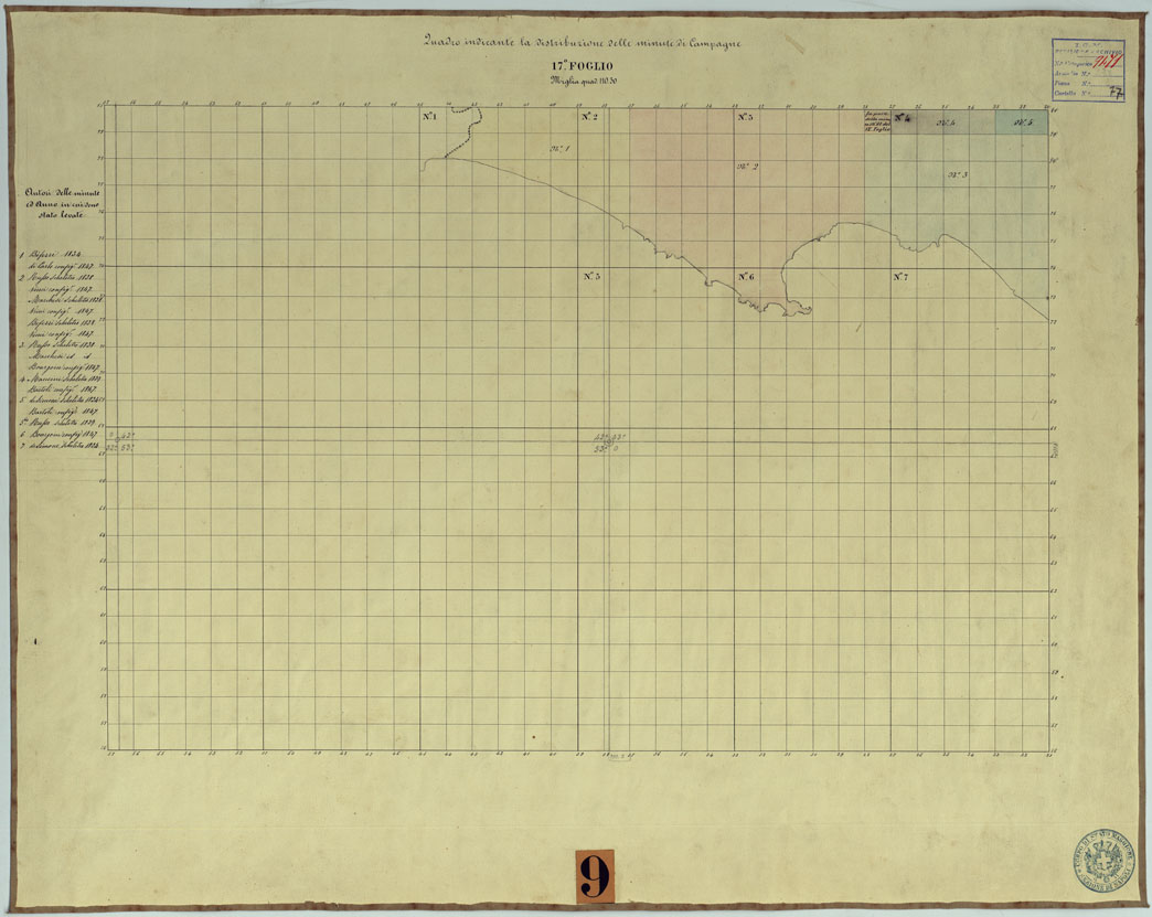 (N:2059) TAVOLETTE AL 20.000 PER LA CARTA DEL REGNO DI NAPOLI - FOGLIO 17 QUADRO INDICANTE LA DISTRIBUZIONE DELLE MINTE DI CMPAGNA. (CA006332) Carte e stampe antiche: riproduzione a colori su carta (formato A1)