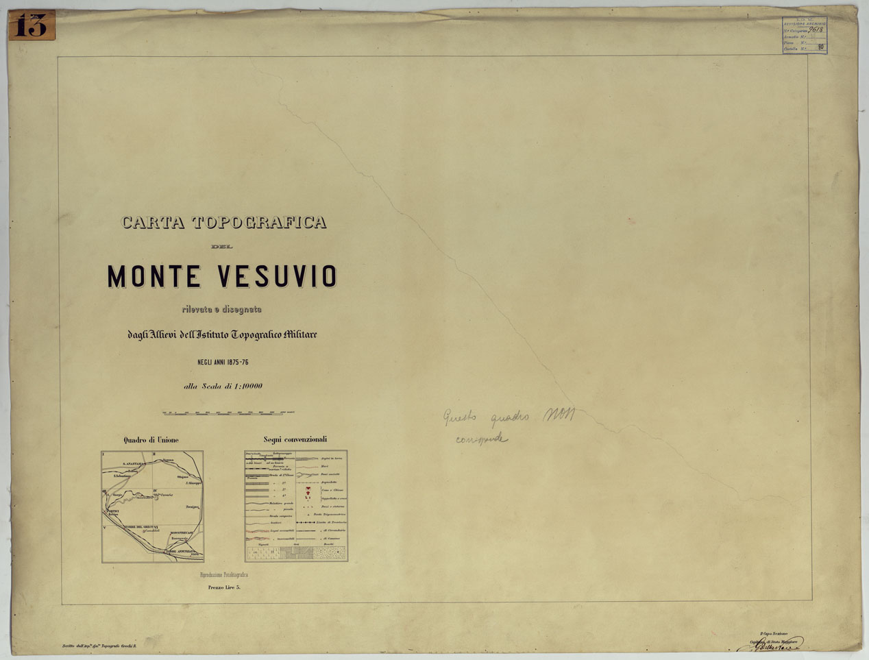(N:13407) CARTA TOPOGRAFICA DEL MONTE VESUVIO RILEVATA E DISEGNATA DAGLI ALLIEVI DELL'ISTITUTO TOPOGRAFICO MIITARE NEGLI ANNI 1876-76 ALLA SCALA DI 1:10000 - TITOLO. (CA006618) Carte e stampe antiche: riproduzione a colori su carta (formato A1)