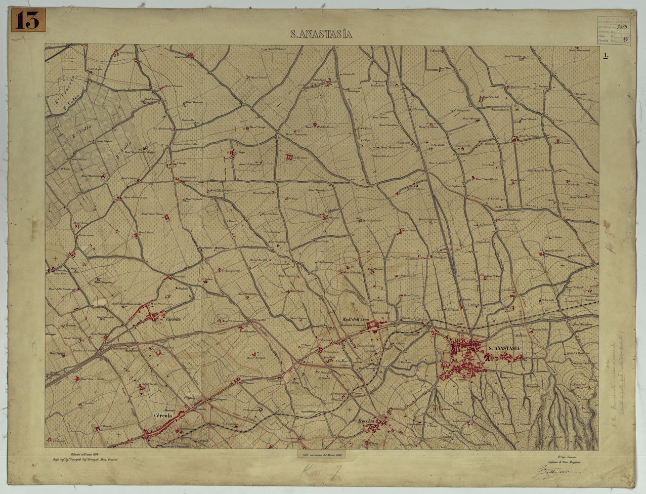 (N:13450) CARTA TOPOGRAFICA DEL MONTE VESUVIO RILEVATA E DISEGNATA DAGLI ALLIEVI DELL'ISTITUTO TOPOGRAFICO MIITARE NEGLI ANNI 1876-76 ALLA SCALA DI 1:10000 - FOGLIO 1 S. ANASTASIA. (CA006619) Carte e stampe antiche: riproduzione a colori su carta (formato A1)