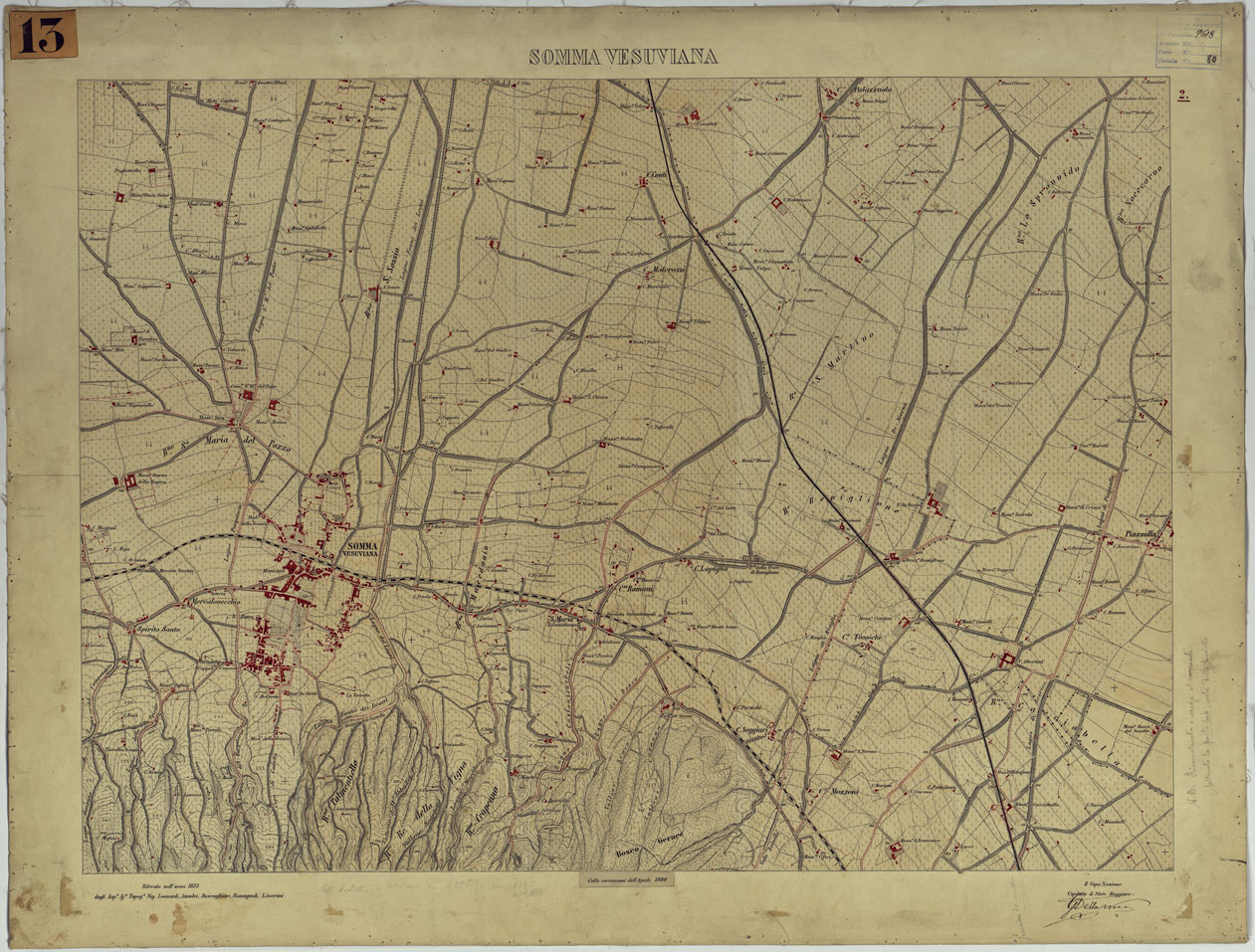 (N:13436) CARTA TOPOGRAFICA DEL MONTE VESUVIO RILEVATA E DISEGNATA DAGLI ALLIEVI DELL'ISTITUTO TOPOGRAFICO MIITARE NEGLI ANNI 1876-76 ALLA SCALA DI 1:10000 - FOGLIO 2 SOMMA VESUVIANA. (CA006620) Carte e stampe antiche: riproduzione a colori su carta (formato A1)