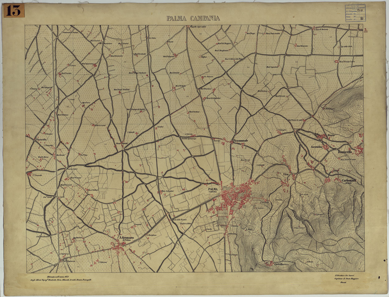 (N:13434) CARTA TOPOGRAFICA DEL MONTE VESUVIO RILEVATA E DISEGNATA DAGLI ALLIEVI DELL'ISTITUTO TOPOGRAFICO MIITARE NEGLI ANNI 1876-76 ALLA SCALA DI 1:10000 - FOGLIO 3 PALMA  CAMPANIA. (CA006621) Carte e stampe antiche: riproduzione a colori su carta (formato A1)