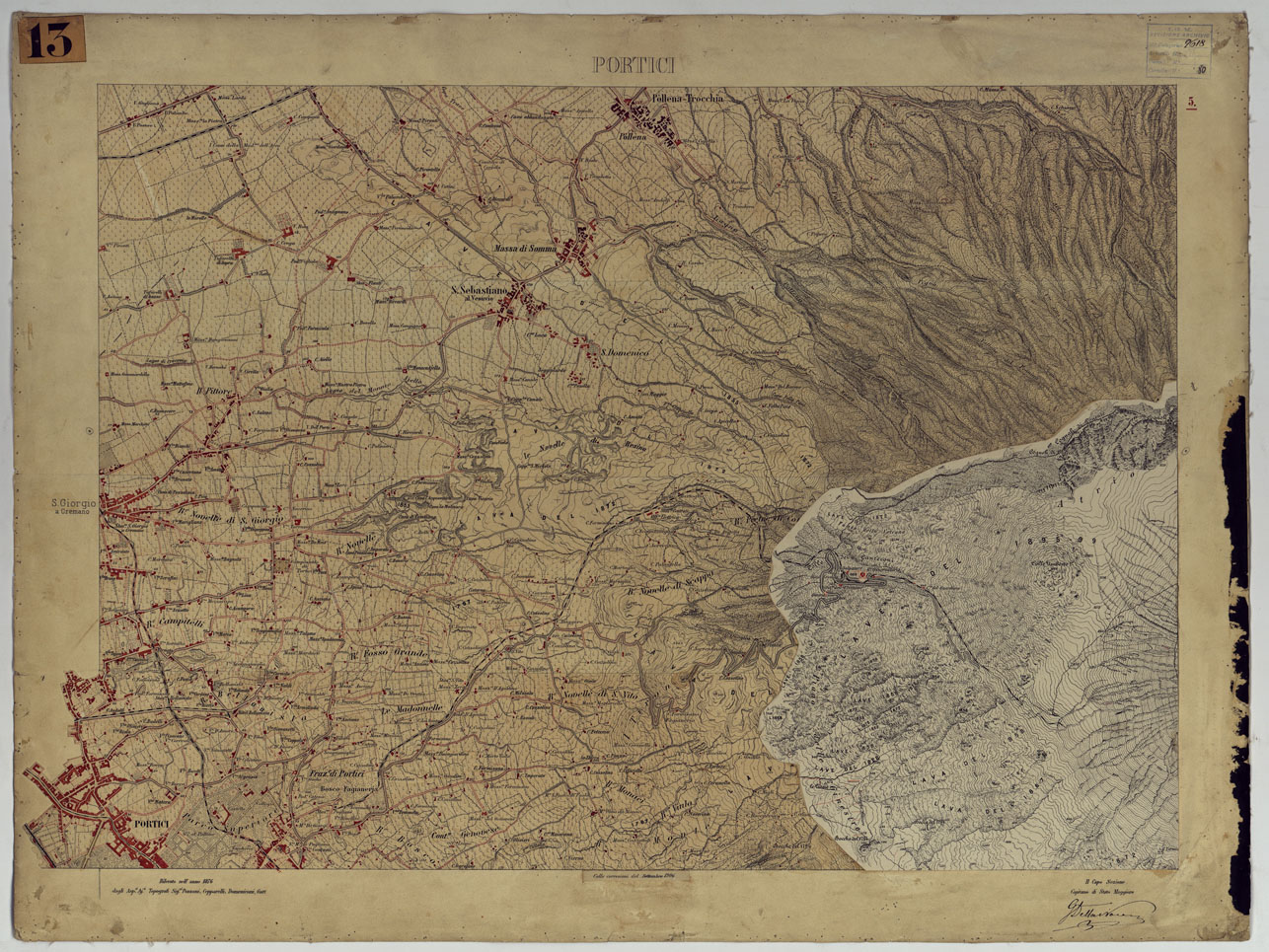 (N:13429) CARTA TOPOGRAFICA DEL MONTE VESUVIO RILEVATA E DISEGNATA DAGLI ALLIEVI DELL'ISTITUTO TOPOGRAFICO MIITARE NEGLI ANNI 1876-76 ALLA SCALA DI 1:10000 - FOGLIO 5 PORTICI. (CA006623) Carte e stampe antiche: riproduzione a colori su carta (formato A1)