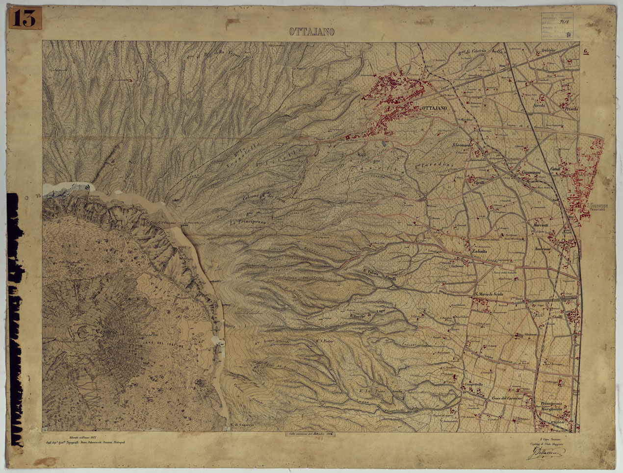(N:13427) CARTA TOPOGRAFICA DEL MONTE VESUVIO RILEVATA E DISEGNATA DAGLI ALLIEVI DELL'ISTITUTO TOPOGRAFICO MIITARE NEGLI ANNI 1876-76 ALLA SCALA DI 1:10000 - FOGLIO 6 OTTAVIANO. (CA006624, CA006625) Carte e stampe antiche: riproduzione a colori su carta (formato A1)