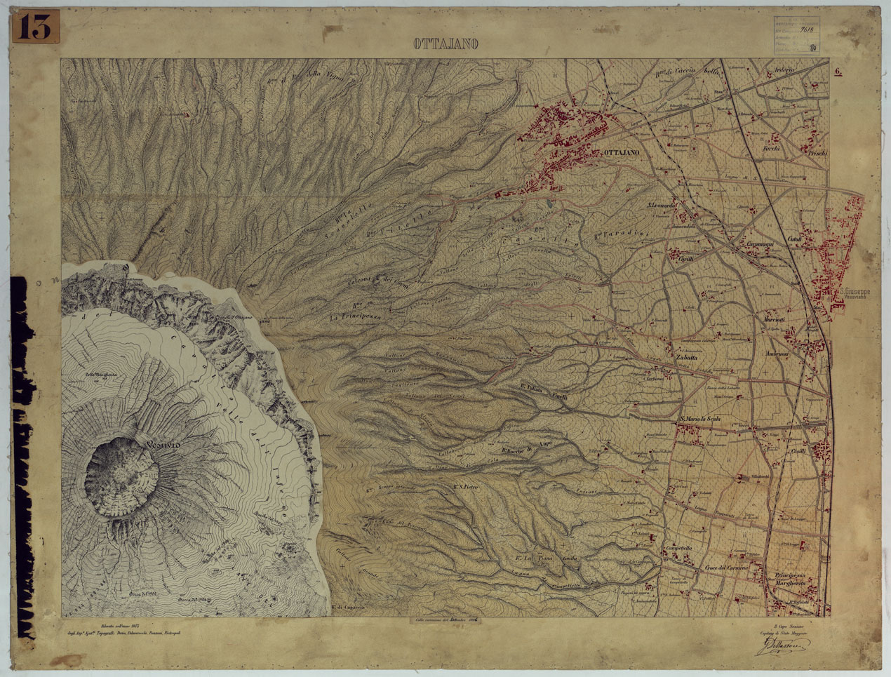(N:13427) CARTA TOPOGRAFICA DEL MONTE VESUVIO RILEVATA E DISEGNATA DAGLI ALLIEVI DELL'ISTITUTO TOPOGRAFICO MIITARE NEGLI ANNI 1876-76 ALLA SCALA DI 1:10000 - FOGLIO 6 OTTAVIANO. (CA006624, CA006625) Carte e stampe antiche: riproduzione a colori su carta (formato A1)
