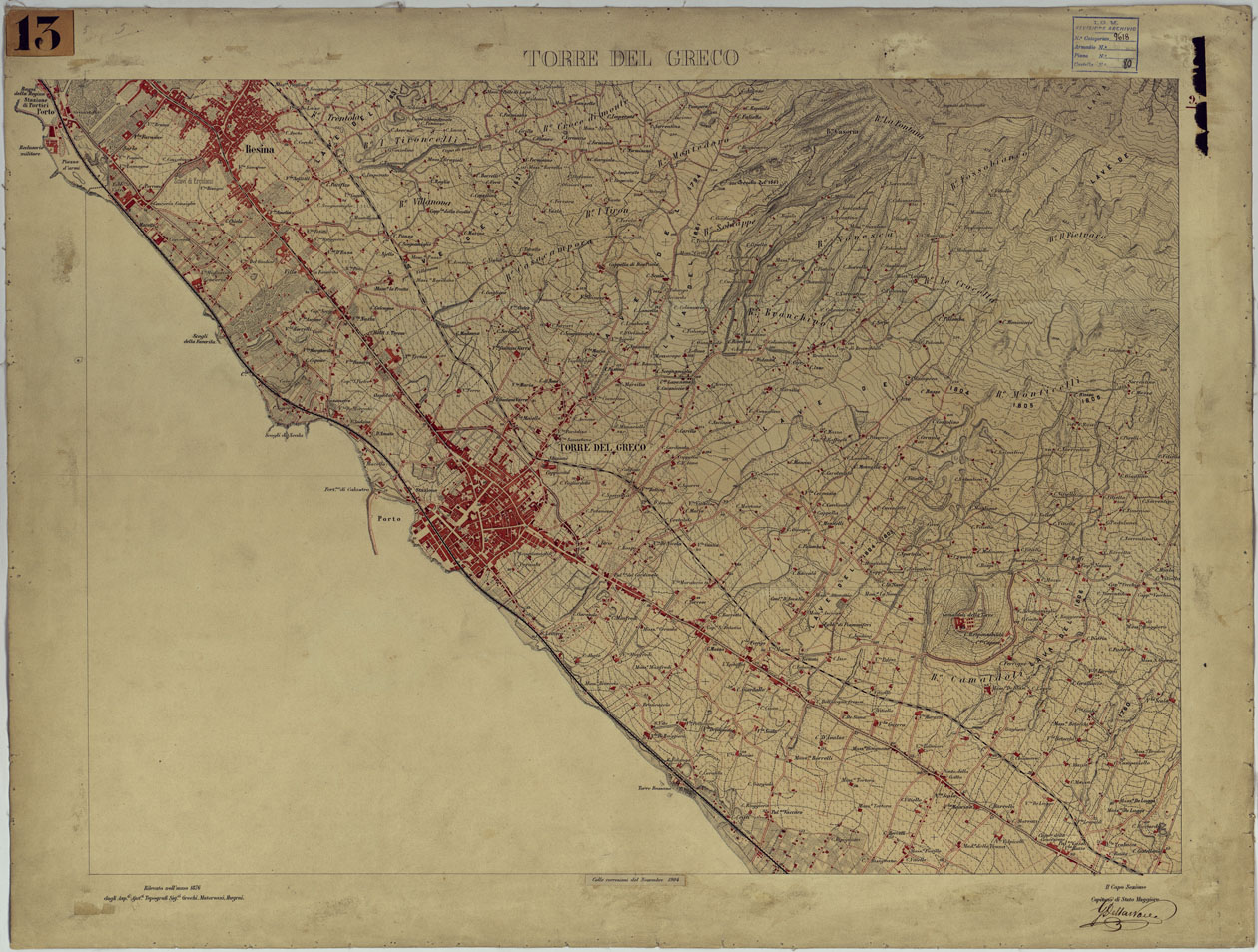 (N:13421) CARTA TOPOGRAFICA DEL MONTE VESUVIO RILEVATA E DISEGNATA DAGLI ALLIEVI DELL'ISTITUTO TOPOGRAFICO MIITARE NEGLI ANNI 1876-76 ALLA SCALA DI 1:10000 - FOGLIO 9 TORRE DEL GRECO. (CA006628) Carte e stampe antiche: riproduzione a colori su carta (formato A1)
