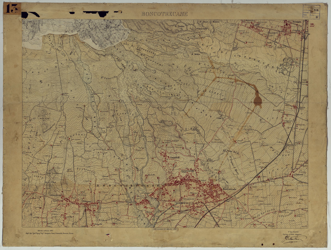 (N:13448) CARTA TOPOGRAFICA DEL MONTE VESUVIO RILEVATA E DISEGNATA DAGLI ALLIEVI DELL'ISTITUTO TOPOGRAFICO MIITARE NEGLI ANNI 1876-76 ALLA SCALA DI 1:10000 - FOGLIO 10 BOSCOTRECASE. (CA006629) Carte e stampe antiche: riproduzione a colori su carta (formato A1)