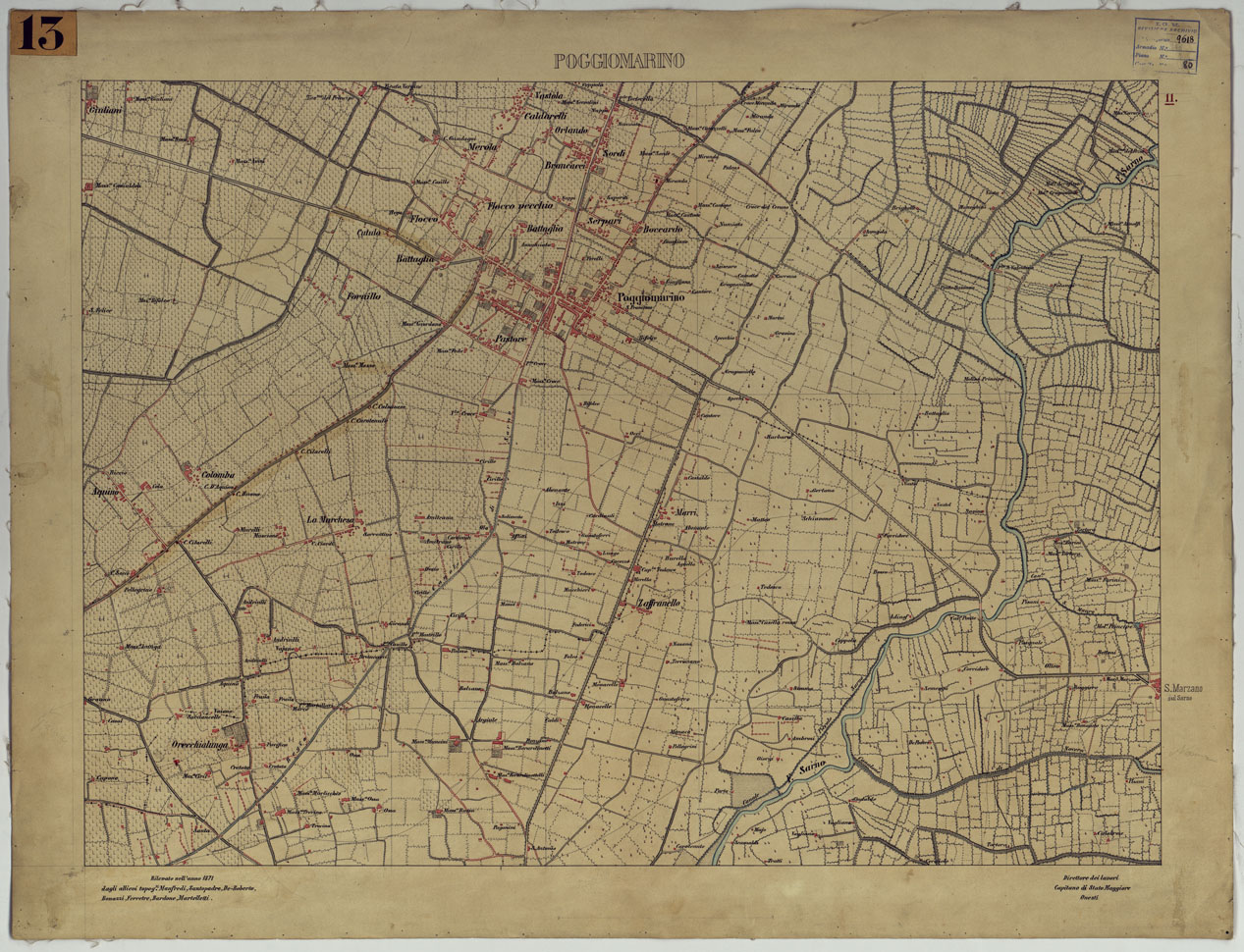 (N:13446) CARTA TOPOGRAFICA DEL MONTE VESUVIO RILEVATA E DISEGNATA DAGLI ALLIEVI DELL'ISTITUTO TOPOGRAFICO MIITARE NEGLI ANNI 1876-76 ALLA SCALA DI 1:10000 - FOGLIO 11 POGGIOMARINO. (CA006630) Carte e stampe antiche: riproduzione a colori su carta (formato A1)