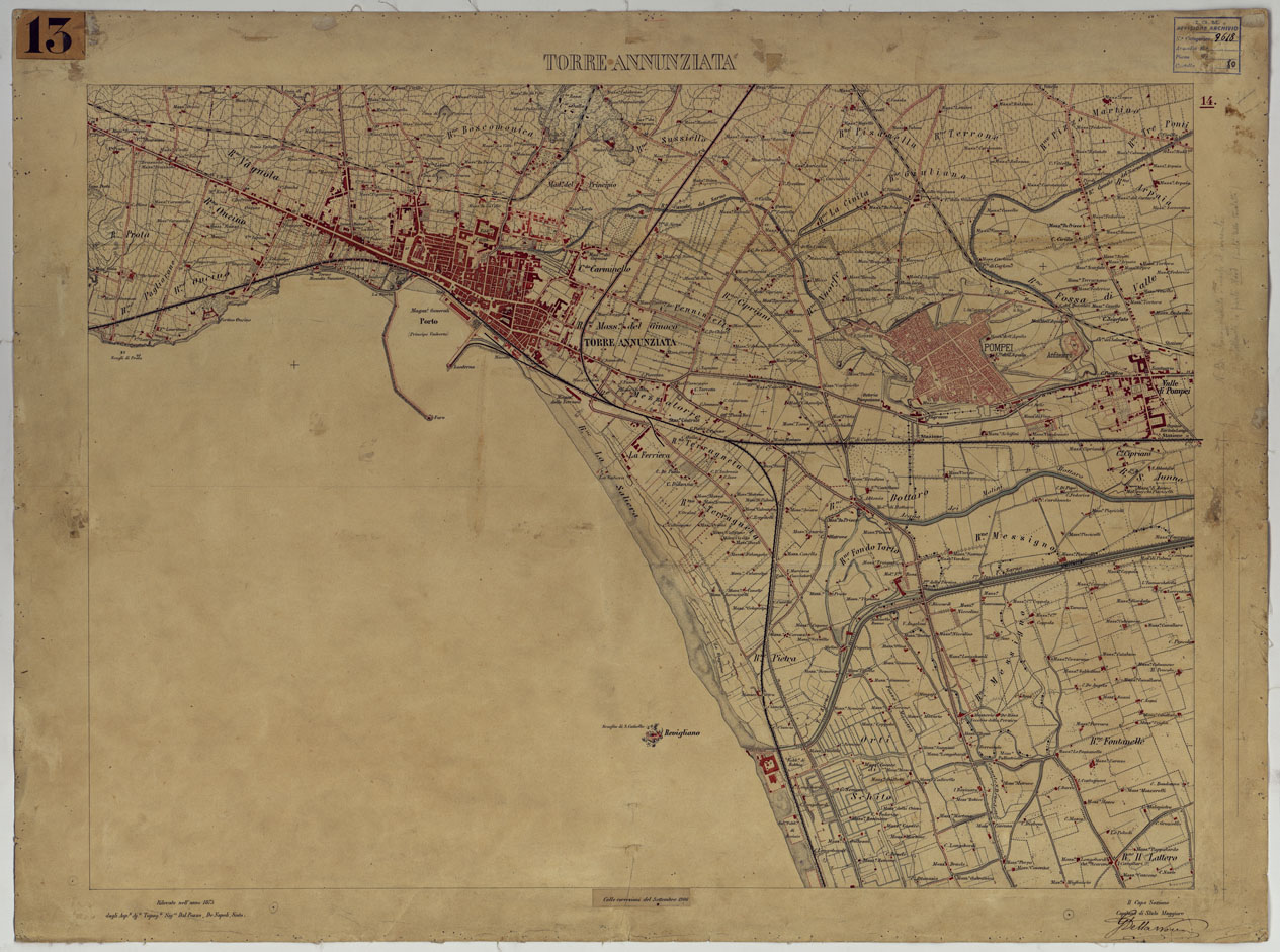(N:13440) CARTA TOPOGRAFICA DEL MONTE VESUVIO RILEVATA E DISEGNATA DAGLI ALLIEVI DELL'ISTITUTO TOPOGRAFICO MIITARE NEGLI ANNI 1876-76 ALLA SCALA DI 1:10000 - FOGLIO 14 TORRE ANNUNZIATA. (CA006633) Carte e stampe antiche: riproduzione a colori su carta (formato A1)