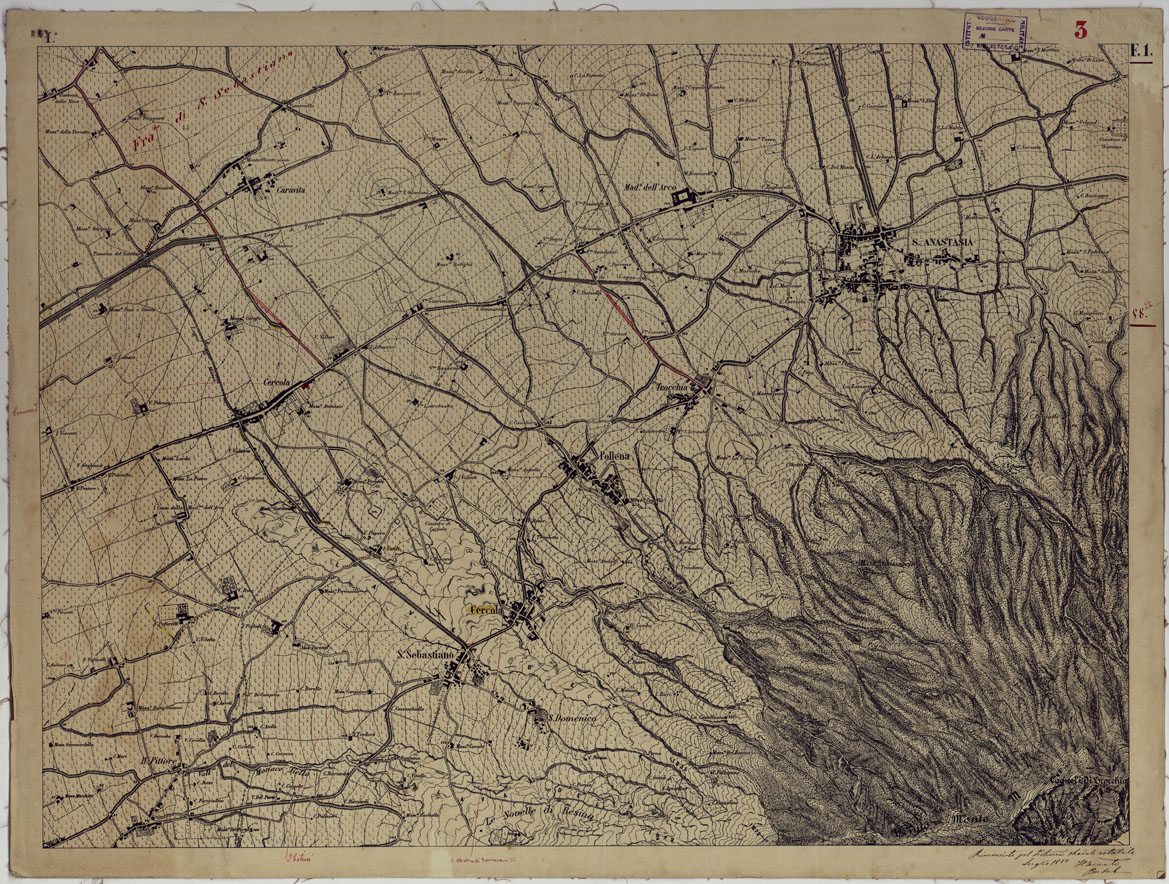 (N:13539) CARTA TOPOGRAFICA DEL MONTE VESUVIO RILEVATA E DISEGNATA DAGLI ALLIEVI DELL'ISTITUTO TOPOGRAFICO MIITARE NEGLI ANNI 1876-76 ALLA SCALA DI 1:10000 RICONOSCIUTA PER IL SISTEMA ROTABILE NEL 1880 - FOGLIO 1 SANT'ANASTASIA. (CA006635) Carte e stampe antiche: riproduzione a colori su carta (formato A1)