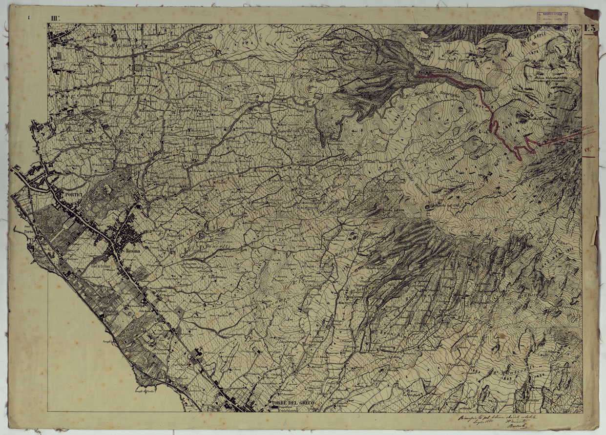 (N:13534) CARTA TOPOGRAFICA DEL MONTE VESUVIO RILEVATA E DISEGNATA DAGLI ALLIEVI DELL'ISTITUTO TOPOGRAFICO MIITARE NEGLI ANNI 1876-76 ALLA SCALA DI 1:10000 RICONOSCIUTA PER IL SISTEMA ROTABILE NEL 1880 - FOGLIO 3 ERCOLANO. (CA006637) Carte e stampe antiche: riproduzione a colori su carta (formato A1)