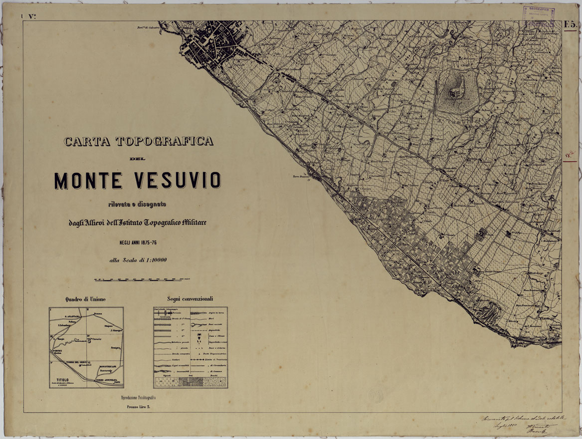 (N:13531) CARTA TOPOGRAFICA DEL MONTE VESUVIO RILEVATA E DISEGNATA DAGLI ALLIEVI DELL'ISTITUTO TOPOGRAFICO MIITARE NEGLI ANNI 1876-76 ALLA SCALA DI 1:10000 RICONOSCIUTA PER IL SISTEMA ROTABILE NEL 1880 - FOGLIO 5 - QUADRO D'UNIONE TITOLO. (CA006639) Carte e stampe antiche: riproduzione a colori su carta (formato A1)