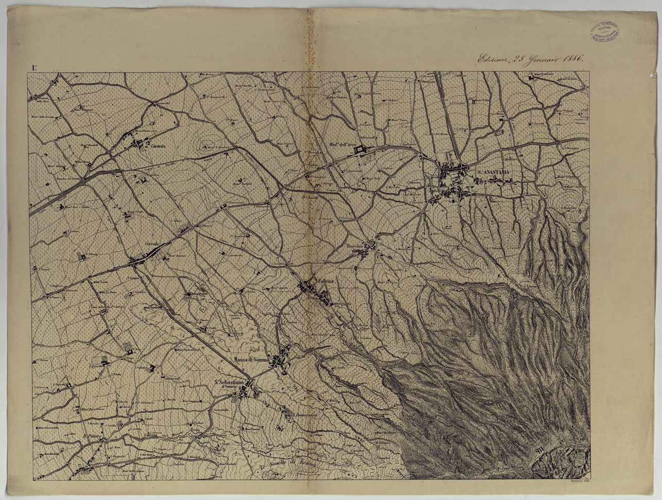 (N:24938) CARTA TOPOGRAFICA DEL MONTE VESUVIO RILEVATA E DISEGNATA DAGLI ALLIEVI DELL'ISTITUTO TOPOGRAFICO MIITARE NEGLI ANNI 1876-76 ALLA SCALA DI 1:10000 - FOGLIO I (CA006641) Carte e stampe antiche: riproduzione a colori su carta (formato A1)