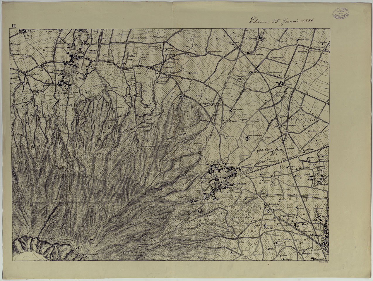 (N:24939) CARTA TOPOGRAFICA DEL MONTE VESUVIO RILEVATA E DISEGNATA DAGLI ALLIEVI DELL'ISTITUTO TOPOGRAFICO MIITARE NEGLI ANNI 1876-76 ALLA SCALA DI 1:10000 - FOGLIO II (CA006642) Carte e stampe antiche: riproduzione a colori su carta (formato A1)