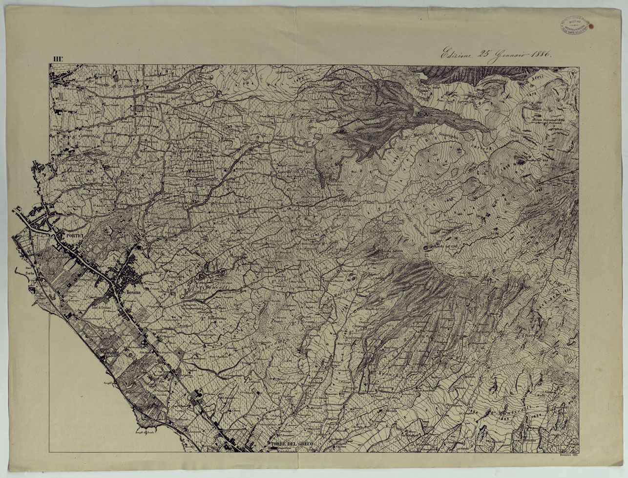 (N:13415) CARTA TOPOGRAFICA DEL MONTE VESUVIO RILEVATA E DISEGNATA DAGLI ALLIEVI DELL'ISTITUTO TOPOGRAFICO MIITARE NEGLI ANNI 1876-76 ALLA SCALA DI 1:10000 - FOGLIO III. (CA006643) Carte e stampe antiche: riproduzione a colori su carta (formato A1)