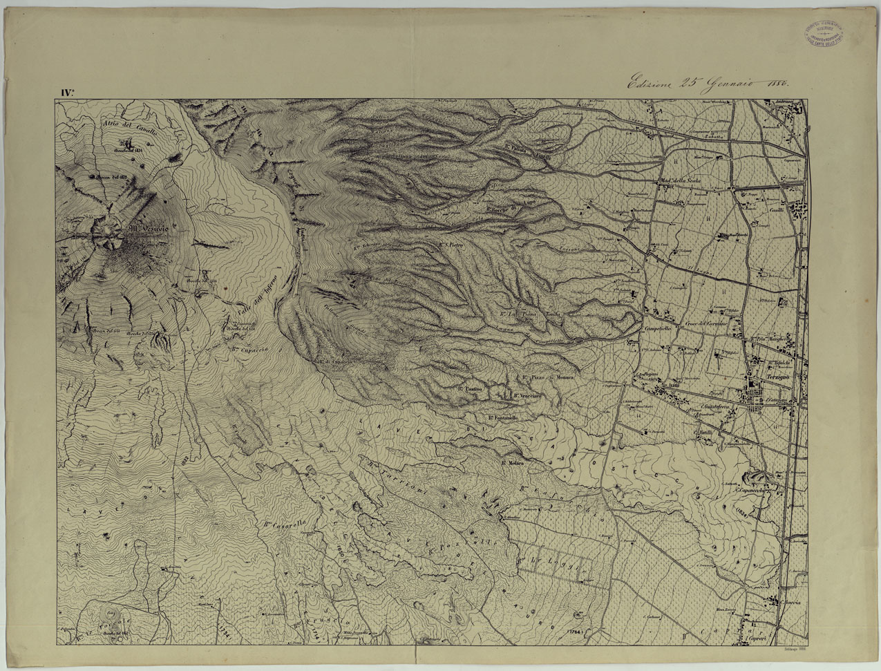 (N:13413) CARTA TOPOGRAFICA DEL MONTE VESUVIO RILEVATA E DISEGNATA DAGLI ALLIEVI DELL'ISTITUTO TOPOGRAFICO MIITARE NEGLI ANNI 1876-76 ALLA SCALA DI 1:10000  - FOGLIO IV. (CA006644) Carte e stampe antiche: riproduzione a colori su carta (formato A1)