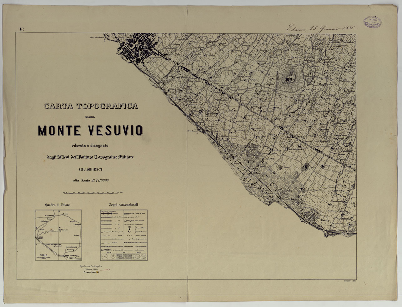(N:13411) CARTA TOPOGRAFICA DEL MONTE VESUVIO RILEVATA E DISEGNATA DAGLI ALLIEVI DELL'ISTITUTO TOPOGRAFICO MIITARE NEGLI ANNI 1876-76 ALLA SCALA DI 1:10000 - FOGLIO V QUADRO D'UNIONE TITOLO. (CA006645) Carte e stampe antiche: riproduzione a colori su carta (formato A1)