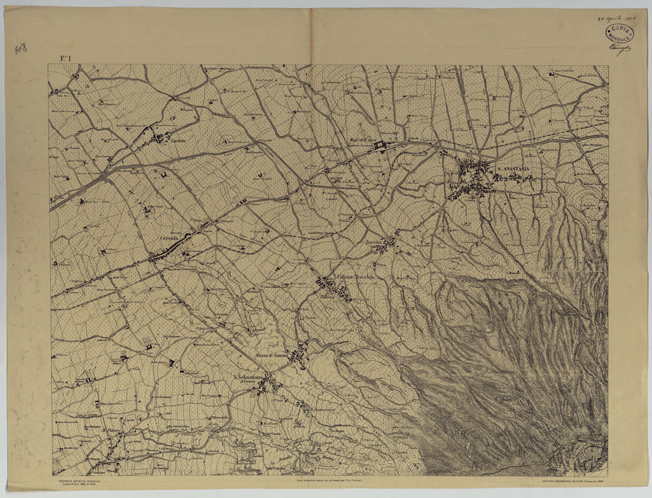 (N:13419) CARTA TOPOGRAFICA DEL MONTE VESUVIO RILEVATA E DISEGNATA DAGLI ALLIEVI DELL'ISTITUTO TOPOGRAFICO MIITARE NEGLI ANNI 1876-76 ALLA SCALA DI 1:10000 - FOGLIO I. (CA006647) Carte e stampe antiche: riproduzione a colori su carta (formato A1)
