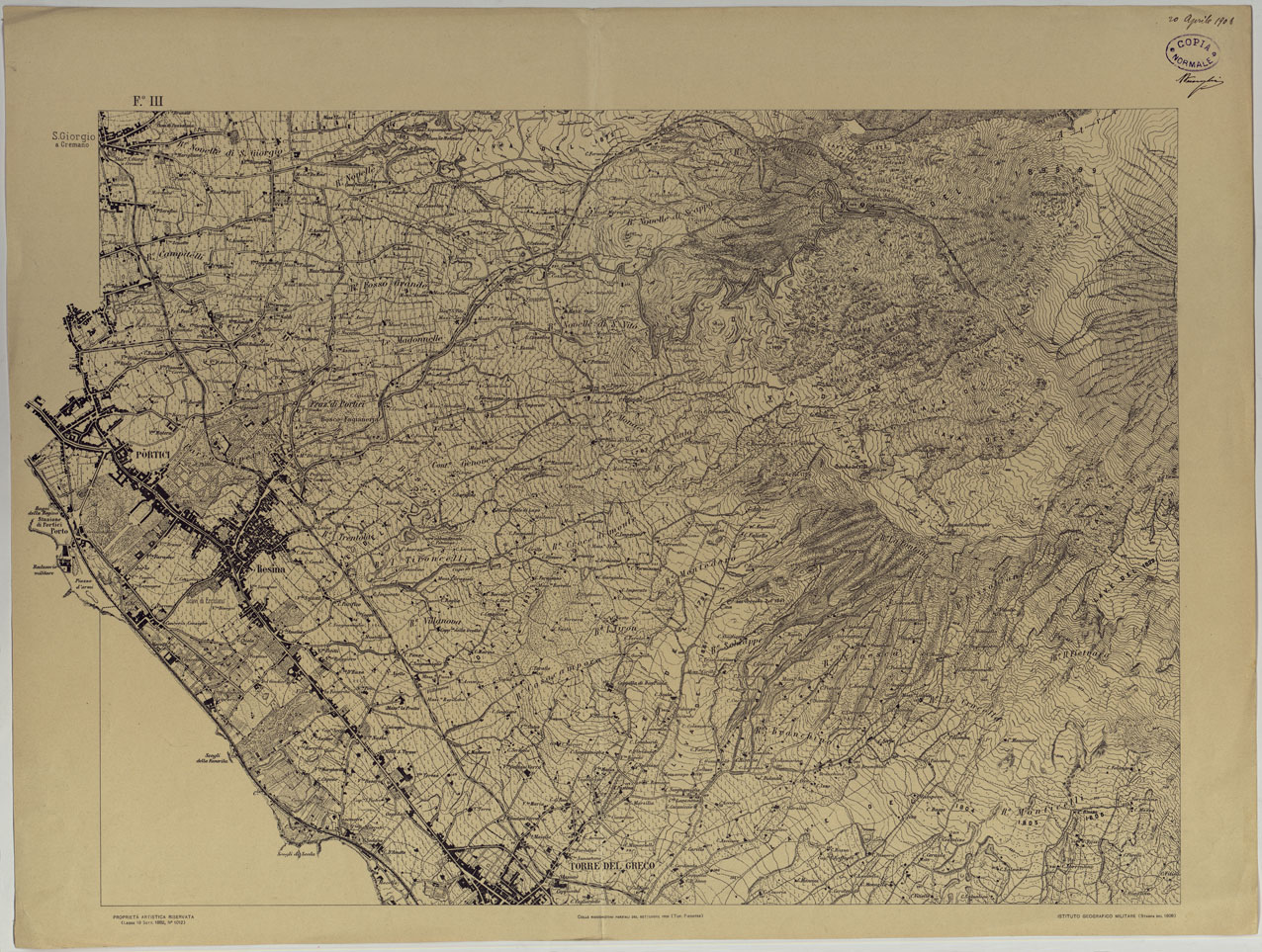 (N:13465) CARTA TOPOGRAFICA DEL MONTE VESUVIO RILEVATA E DISEGNATA DAGLI ALLIEVI DELL'ISTITUTO TOPOGRAFICO MIITARE NEGLI ANNI 1876-76 ALLA SCALA DI 1:10000 - FOGLIO III. (CA006649) Carte e stampe antiche: riproduzione a colori su carta (formato A1)