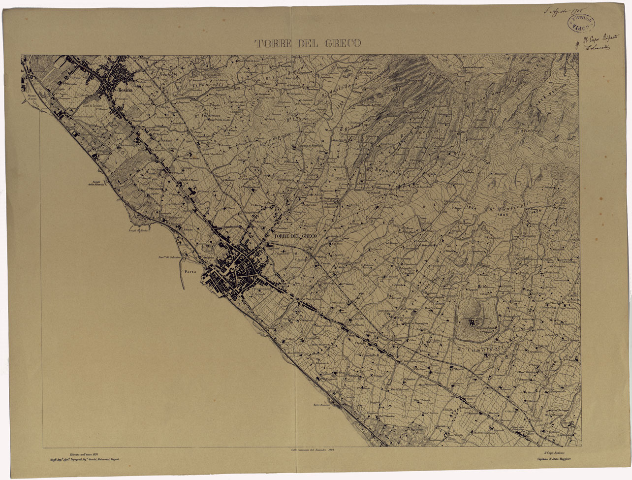 (N:13953) CARTA TOPOGRAFICA DEL MONTE VESUVIO RILEVATA E DISEGNATA DAGLI ALLIEVI DELL'ISTITUTO TOPOGRAFICO MIITARE NEGLI ANNI 1876-76 ALLA SCALA DI 1:10000 - TORRE DEL GRECO. (CA006650) Carte e stampe antiche: riproduzione a colori su carta (formato A1)