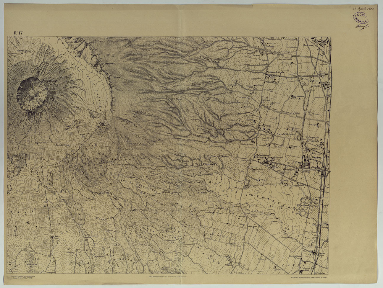 (N:13464) CARTA TOPOGRAFICA DEL MONTE VESUVIO RILEVATA E DISEGNATA DAGLI ALLIEVI DELL'ISTITUTO TOPOGRAFICO MIITARE NEGLI ANNI 1876-76 ALLA SCALA DI 1:10000 - FOGLIO IV. (CA006651) Carte e stampe antiche: riproduzione a colori su carta (formato A1)