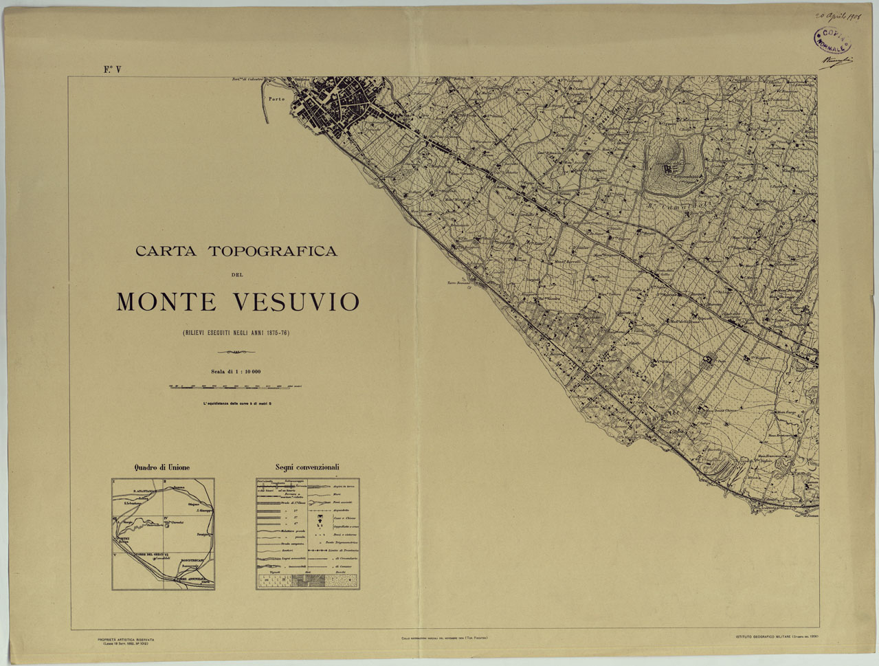 (N:13454) CARTA TOPOGRAFICA DEL MONTE VESUVIO RILEVATA E DISEGNATA DAGLI ALLIEVI DELL'ISTITUTO TOPOGRAFICO MIITARE NEGLI ANNI 1876-76 ALLA SCALA DI 1:10000 - FOGLIO V QUADRO D'UNIONE TITOLO. (CA006652) Carte e stampe antiche: riproduzione a colori su carta (formato A1)