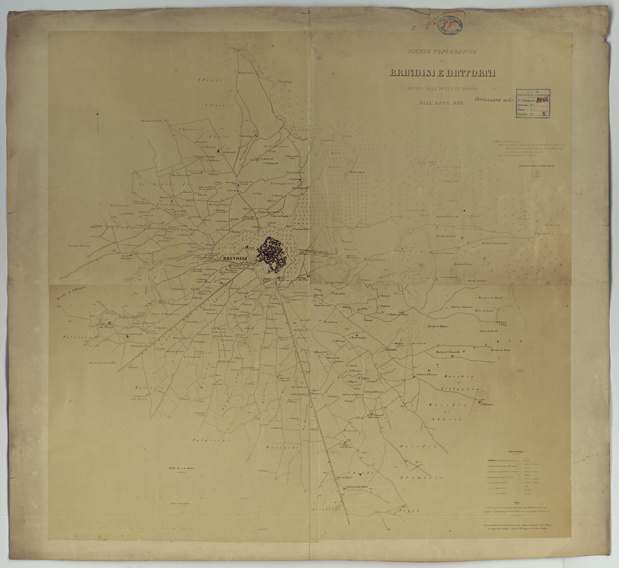 (N:450) PIANTA TOPOGRAFICA DI BRINDISI E DINTORNI LEVATA ALLA SALA DI 1:10.000 NELL'ANNO 1863. (CA006710) Carte e stampe antiche: riproduzione a colori su carta (formato A1)