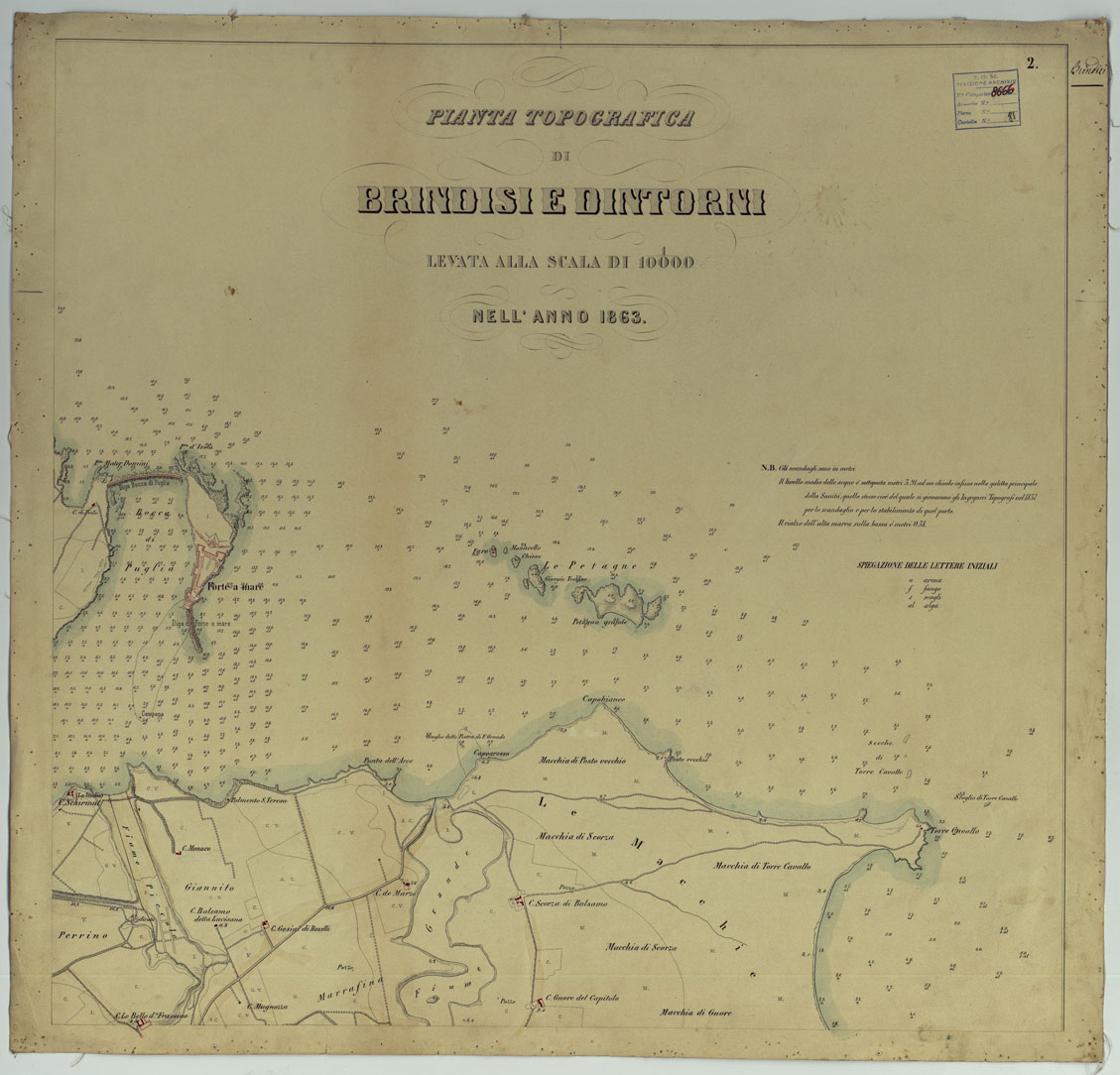 (N:452) PIANTA TOPOGRAFICA DI BRINDISI E DINTORNI LEVATA ALLA SCALA DI 1:10.000 NELL'ANNO 1863 - TAVOLA 2. (CA006711) Carte e stampe antiche: riproduzione a colori su carta (formato A1)