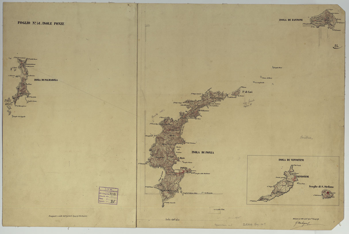 (N:14129) ISOLE DI PONZA, PALMAROLA, VENTOTENE, ZANNONE E SCOGLIO DI S. STEFANO (CA006730) Carte e stampe antiche: riproduzione a colori su carta (formato A1)